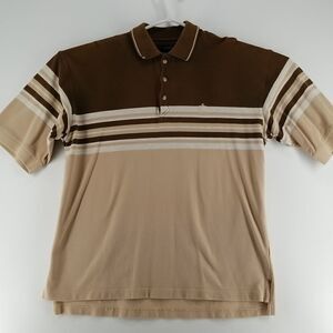 Oxford Polo Men's Large Short Sleeve Tan Brown Light Grey Stripped Golf Office